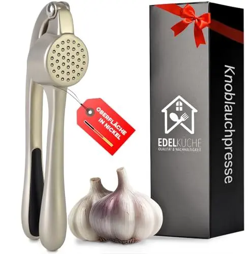 Produktbild: EdelKüche Premium Knoblauchpresse für Knoblauch & Ingwer (ohne Schälen) | Spülmaschinenfest | Ingwerpresse, Küchenutensil, Küchenwerkzeug | Praktisch und Pflegeleicht | Einfaches Pressen (Nickel)