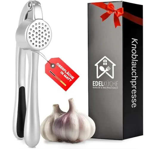 Produktbild: EdelKüche Premium Knoblauchpresse für Knoblauch & Ingwer (ohne Schälen) | Spülmaschinenfest | Ingwerpresse, Küchenutensil, Küchenwerkzeug | Praktisch und Pflegeleicht | Einfaches Pressen (Matt)