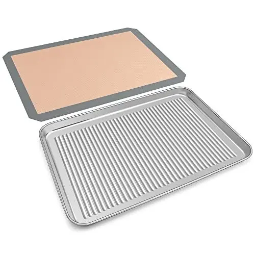 Produktbild: Edelstahl Backblech, Joyfair Kuchenblech mit Silikonmatte Backen Set, 40,5 x 30,5 x 2,5cm, Rechteckige Backofenblech und Backmatte für Backen/Braten, Ungiftig und Gesund, Spülmaschinenfest