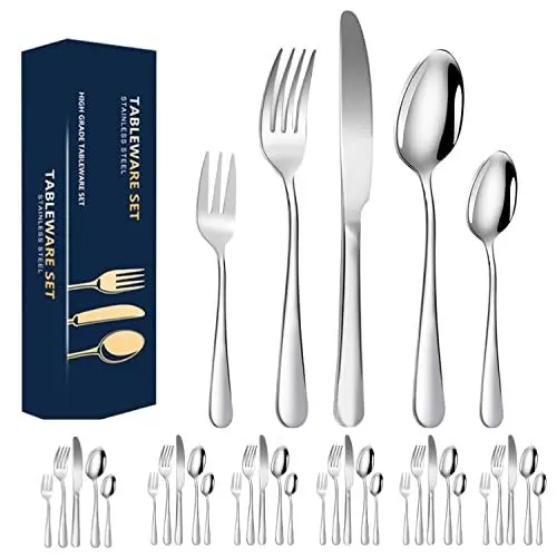 Produktbild: Edelstahl Besteck Set 6 Personen, Essbesteck Set 30 Teilige,Modernem Spiegelpoliert Besteckset Include Messer/Gabel/Löffel,Spülmaschinenfest
