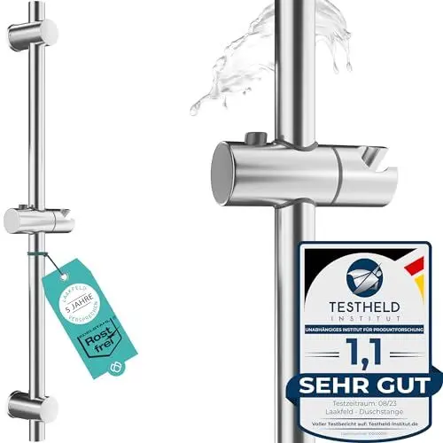 Produktbild: LAAKFELD Duschstange aus Edelstahl 66 cm rostfrei – Duschstange variable Bohrlöcher dank flexibler Wandhalterungen – Duschstange & Gleiter oben einfach, flexibel, stabil, universell