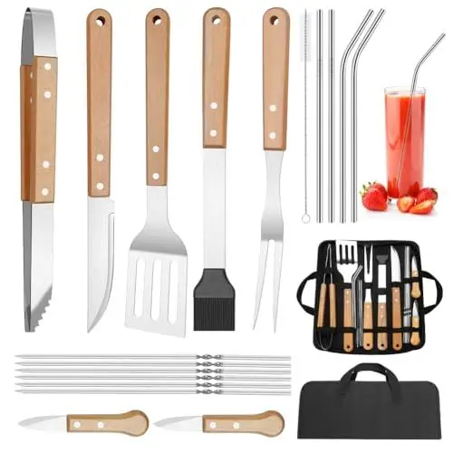 Produktbild: Edelstahl Grillzubehör Set,18 STK. Grillzubehör BBQ Grillbesteck Grillwerkzeug Set für Männer Geschenk mit Tragbarer Aufbewahrungstasche für Garten & Camping, Gelb Holzgriff (Set B)