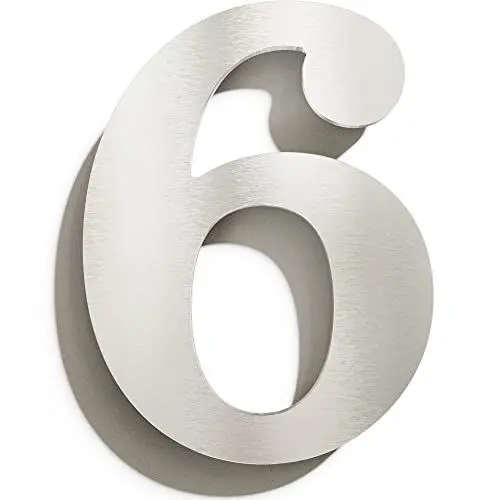 Produktbild: Edelstahl Hausnummer 6 - massiv, wetterfest & rostfrei - 14 cm groß - mit Befestigungsmaterial - Design Hausnummern-Schild gebürstet N-02-6-E