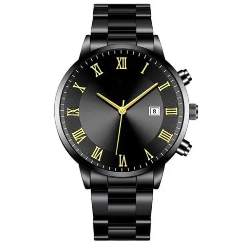 Produktbild: Edelstahl Herrenuhr Minimalistischer Stil Römische Ziffern Runde Zeiger Uhr Casual Business Kalender Armbanduhr Quarzuhr