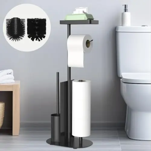 Produktbild: Edelstahl Klopapierhalter Stehend mit Klobürste - mit WC Bürste, Toilettenpapierhalter mit Feuchttücher Box, für Toilettenpapier & Toilettenbürste (Schwarz Matt)