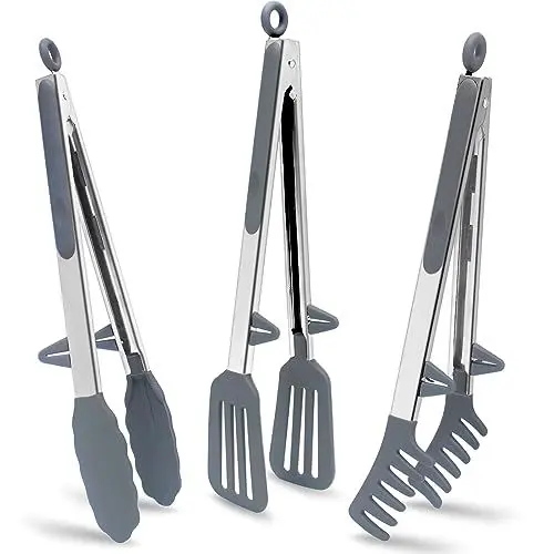 Produktbild: Edelstahl Küchen zangen mit Silikonspitzen, 3 Stück 30cm Grillzange Kochzange für Salat, Kochen, Grillen, Grau