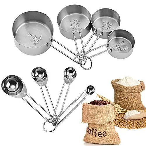 Produktbild: Edelstahl Messbecher und Löffel，8 Stück Set Edelstahl messbecher messlöffel，für Trockene und Flüssige Zutaten