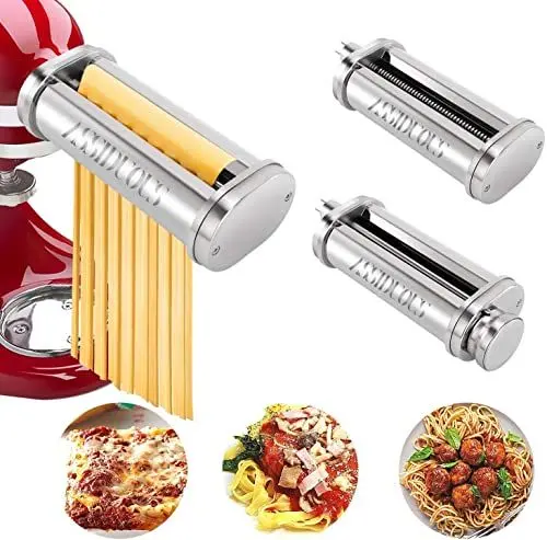 Produktbild: Edelstahl Nudelaufsatz mit Reinigungsbürste für Kitchenaid Küchenmaschine, Nudelroller und Schneider für Kitchen Aid,Nudelmaschine 3 Stück Pasta Set,Pasta maker Wasserwaschbar mit Bürste