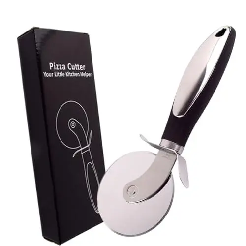 Produktbild: Edelstahl Pizzaschneider, Pizza Schneidemesser mit Rutschfestem Griff, Pizzarad mit scharfer Klinge, Spülmaschinenfest Pizzaroller für Pizza, Kuchen, Waffeln, Teig und Mehr(Schwarz und Silber)