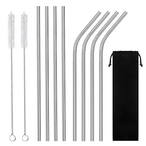 Produktbild: Edelstahl Strohhalme, Metall Trinkhalme, YOCZOX 4 Pcs gebogene & 4 Pcs gerade Trinkhalme, 8 Pcs wiederverwendbare Strohhalme, mit Stoffbeutel, 2 Bürsten, für Smoothies, Cocktails etc. 20 OZ Silber