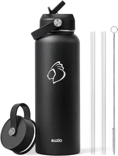 Produktbild: Edelstahl Trinkflasche 1L, BUZIO Thermosflasche mit Strohhalm 1180 ml 1l doppelwandig hält Getränke kalt/heiß, auslaufsicher, BPA-frei, weite Öffnung, inkl Flexkappe, Schwarz
