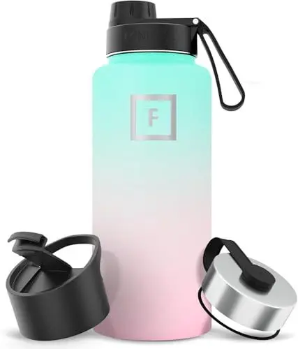 Produktbild: Edelstahl Trinkflasche mit Ausgussdeckel - 950ml 3 Deckel - Auslaufsicher Thermosflasche - Metall Wasserflasche Doppelwandig Isoliert BPA-freie fur Sport Schule Fitness Camping