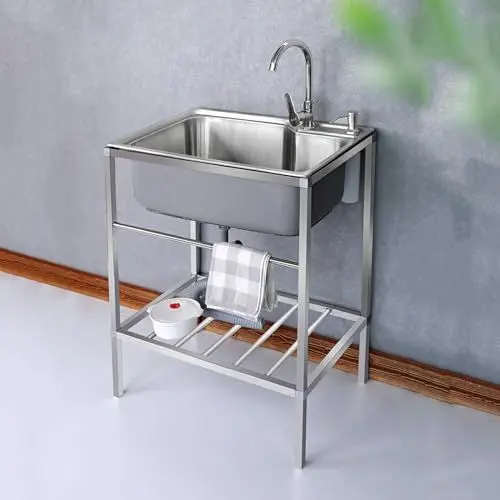 Produktbild: Edelstahl Waschbecken für den Außenbereich,Spüle Edelstahl,Outdoor Garage Garten Camping Keller Ausgussbecken mit Backsplash Abfluss Sieb,Spülbecken mit Warm Kaltwasserhahn (Size : 58 * 43cm)