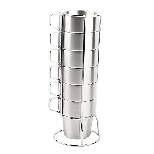 Produktbild: Edelstahl Wassergläser Kaffeetasse 6er Set,Tragbar Stapelbare Tassen mit Ständer für Heimgebrauch,Reisen,Camping Usw,Doppelt Isolierte,300ml