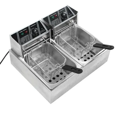 Produktbild: Edelstahl-Arbeitsplatte Elektrische Fritteuse Einstellbare Temperatur Elektrische Fritteuse Doppelzylinder Doppelkorb 60–200 °C (EU-Stecker 220 V)