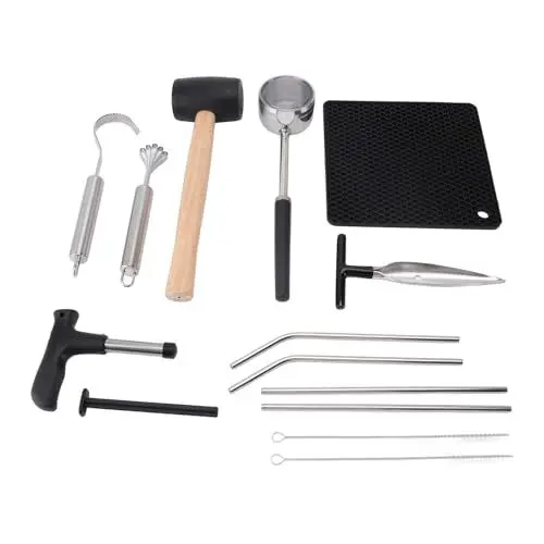 Produktbild: Edelstahl-Kokosnuss-Öffner-Werkzeug-Set mit Gummihammer, Schneider, Matte, Strohhalm für Männer, Frauen, Senioren, Lebensmittelechtes Kokosnuss-Öffner-Set