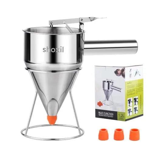 Produktbild: Edelstahl-Pfannkuchen-Teigspender, mehrkaliberiger Trichter, Kuchenspender mit Ständer, ideal für Pfannkuchen, Cupcakes oder andere Backwaren (1,2 l)