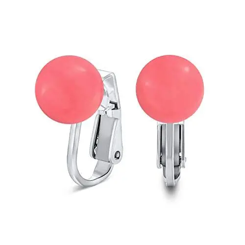 Produktbild: Edelstein Rosa Achat Pfirsich Simulierte Koralle Runde Kugel Ohrstecker Clip Auf Ohrringe Für Frauen Nicht Piercing .925 Sterling Silber