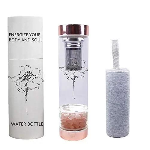 Produktbild: Edelstein-Wasserflasche mit Kristallelixier und Teekanne, Tee-Sieb mit Kristallwasserflasche und abnehmbaren Rosenquarzkristallen für Chakra Wellness - 15 oz (Rosenquarz)