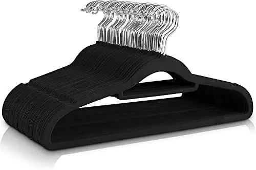 Produktbild: Ediesi, Samt-Kleiderbügel, 50 Stück, schwarz, mit Krawatte, rutschfest, weich, dünn, für Hose, Hemd, Rock, Anzüge (50 Stück, schwarz mit Korbato)