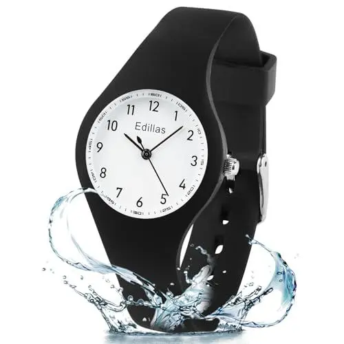 Produktbild: Edillas Analoge Armbanduhr für Kinder. Kinderuhren Mädchen Jungen,50M wasserdichte Uhr für Studenten mit Weichem Silikonband, Kinder Jungen Alter von über 8 Jahren (Schwarz Weiß)