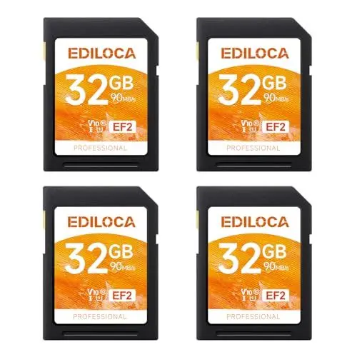 Produktbild: Ediloca EF2 UHS-I Speicherkarte 32GB 4er-Pack, Lesen 90MB/s, Schreiben 20MB/s, C10, U1, V10, Full-HD und 4K-Video, SD-Karte für professionelle Fotografen