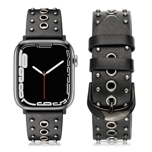 Produktbild: EDIMENS Lederarmband Kompatibel mit Apple Watch Armband 41mm 40mm 38mm Herren Damen, Echtes Lederband Punk Ersatzarmband mit Edelstahl Rivet Armbands für iWatch Series Ultra SE 8 7 6 5 4 3 2 1