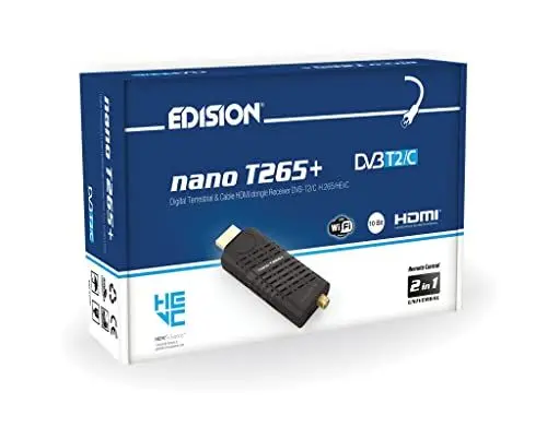 Produktbild: Edision Nano T265+ Terrestrischer DVB-T2 und Kabel DVB-C HDMI dongle Receiver, H265 HEVC, FTA, Full HD, PVR, USB, HDMI, IR, USB WiFi Support, Universal 2in1 Fernbedieung, Schwarz