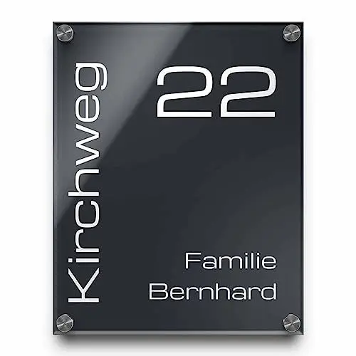 Produktbild: Edle Hausnummer aus Hochglanz Acrylglas in anthrazit oder schwarz - Hausnummernschild mit Zahlen und Straße 20x25 cm