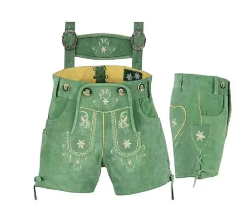Produktbild: Edle Kurze Damen Lederhose mit Träger, Trachtenlederhose Frauen Kurz, Damen Trachtenlederhose im Antik Wildleder Echtleder Grün (as3, Numeric, Numeric_50, Regular, Regular)