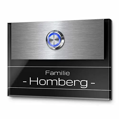 Produktbild: Edle Türklingel mit Gravur und LED-Klingelknopf und über 99 Motive personalisierbar 11x8 cm | Modell: Homberg-As | gravierte Klingel aus Hochglanz Acrylglas und Edelstahl Klingelschild Klingelplatte