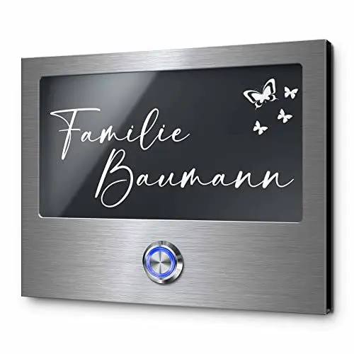 Produktbild: Edle Türklingel mit Gravur und LED-Klingelknopf und über 99 Motive personalisierbar 15x12 cm | Modell: Baumann-As | gravierte Klingel aus Hochglanz Acrylglas und Edelstahl Klingelschild Klingelplatte
