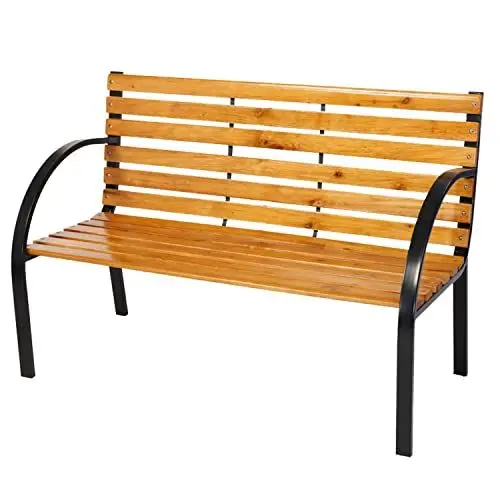 Produktbild: Edle und Massive Parkbank aus Metall und Holz Gartenbank 122 x 60 x 80 cm Sitzbank Farbe Natur Hell/Schwarz