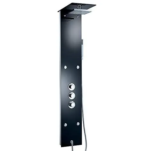 Produktbild: Edles Glas Duschpaneel mit Thermostat Schwarz Duschsäule Regendusche Massagejets, Duschsystem mit Handbrause