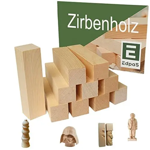 Produktbild: EdpaS Schnitzholz Zirbenholz - 10 Stück Holzblock mit Schnitzvorlage (10x2,5x2,5cm) -schnitzen für Kinder -Schnitzset - schnitzen drechseln mit Zirbenholz - Schnitzen Kinder Schnitzholz Rohlinge
