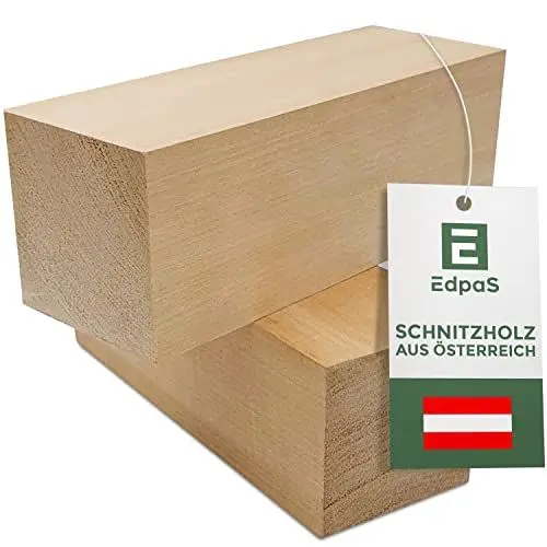 Produktbild: EdpaS Schnitzholz Großes Lindenholz - 2er Set Holzblock (20x7x7cm) - Drechselholz - Linde Rohlinge - Holz zum Schnitzen - schnitzen kinder - Schnitzholz groß zum drechseln, schnitzen Linden Holzblock