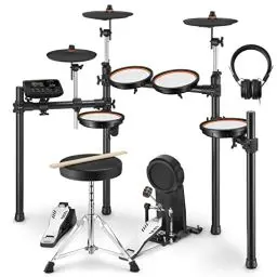 Produktbild: E-Drum-Kit für Erwachsene, Donner DED-100 E-Drum-Set Anfänger in voller Größe mit 425 Sounds, Twin-Pedal-Kompatibilität, Kopfhörer/Stick/Drum-Thron inklusive und 40 Melodik-Lektionen