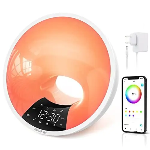 Produktbild: EDUP IN Lichtwecker Wake Up Light Smart Wecker Simuliert Sonnenaufgang Bluetooth Lautsprecher APP Steuerung 4 Wecker Snooze 16 Mio. Nachtlicht 7 Naturtöne Dimmbar USB Anschluss Radio Adapter Weiß