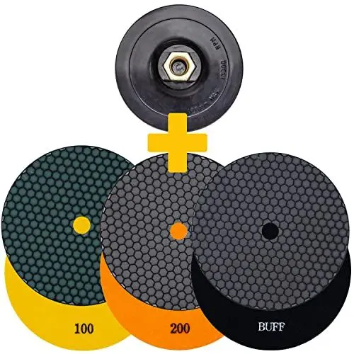 Produktbild: EDW Profi Diamant-Schleifpad Set, Trocken, D = 100 mm, Körnung 100 + 200 + Polierer, Klett-Aufnahmeteller M14, für Naturstein, Granit, Feinsteinzeug, Fliesen, Keramik, Kunststein, Glas, Marmor