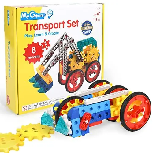 Produktbild: edxeducation My Gears Transport-Set | 118 Teile | 8+ Aktivitäten | Zahnrad Spielzeug | Baue rotierende, bewegliche Modelle - Konstruktionsspielzeug für Kinder von 4-8 Jahren