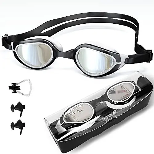 Produktbild: eECO-FLYING Schwimmbrille, Anti-Beschlag, UV-Schwimmbrille für Erwachsene, Damen, Herren, kein Auslaufen, Weitsicht, Schwimmbrille mit Nasenclips, Ohrstöpsel (weiß)