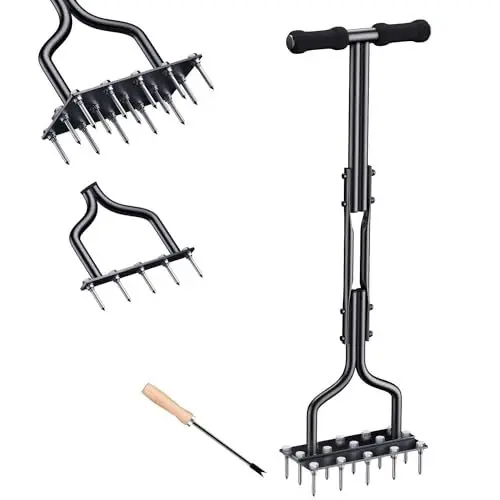 Produktbild: EEIEER Rasenlüfter Aerifizierer für Rasen, 2-in-1 Rasenbelüfter Vertikutierer 15 Spikes Rasen Belüften mit Gartenwerkzeuge, T-Griff Rasenspecht Handvertikutierer für Verdichtete Böden Rasenpflege