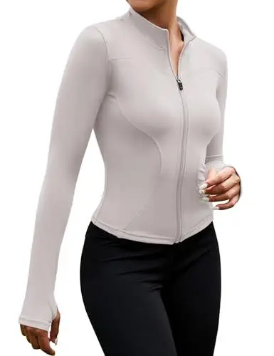 Produktbild: EFFAN Sportjacke Damen Eng Laufshirt Sport Yoga Shirt Langarm Eng Running-Bekleidung Pilates Jacke Outfit Gym Oberteil Klamotten Running Laufjacke Elfenbeingrau M