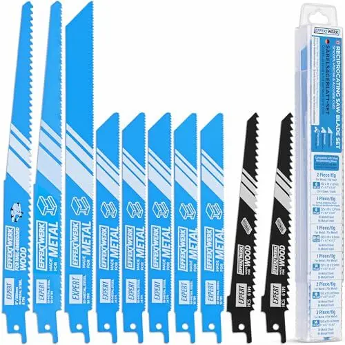 Produktbild: EffektWerk – Säbelsägeblatt-Set – 10 Stück – Hochleistungs-HSC-Stahl-Säbelsägeblätter für Holz, Metall und Kunststoff – 6/10/14/18 TPI (Zähne pro Zoll)