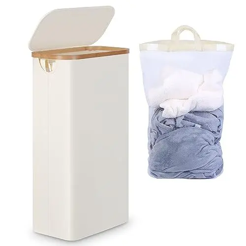 Produktbild: efluky Wäschekorb Schmal 63L, Schlanker Wäschekorb mit Deckel, Beige Faltbare Wäschebehälter mit Bambusgriffen und abnehmbarem Beutel für Waschküche, Schlafzimmer, Badezimmer