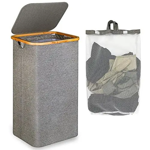 Produktbild: efluky Wäschekorb mit Deckel, 100 Liter hoher Wäschebox mit Bambus Henkel und Innentasche, faltbarer groß XXL Waschekorbsammler zur Aufbewahrung von Kleidung und Spielzeug, Laundry Baskets grau