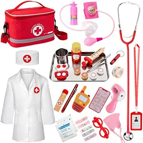Produktbild: EFO SHM Arztkoffer Kinder Holz, 34-teiliges Doktorkoffer mit Stethoskop, Thermometer, Spritze, Arzttasche und Arztkittel - Geschenk für Kinder Rollenspiele Spielzeug ab 3 Jahren