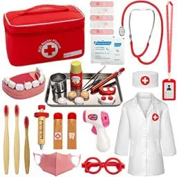 Produktbild: EFO SHM Arztkoffer Kinder Holz Spielset mit Echt Stethoskop, Arztkittel Kinder Arzttasche Doktorkoffer Rot Arzt Set zum Rollenspiel Zahnarzt Spielzeug ab 3 Jahre