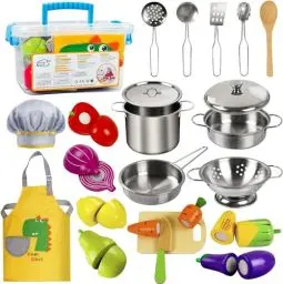 Produktbild: EFO SHM Kinderküche Zubehör Holz, Matschküche Zubehör Spielküche Lebensmittel Edelstahl Kochset Kinderspielzeug Töpfe Puppenküche Zubehör Hölzernes Küche Spielzeug für Kleinkinder Jungen Mädchen