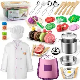 Produktbild: EFO SHM Kinderküche Zubehör Holz Spielküche Kinderspielzeug Simulation Lebensmittel Spielzeug Edelstahl Topf Kochschürze Set Spielküche Zubehör Cosplay Spielzeug Kleine Geschenke für Kinder ab 3 Jahre